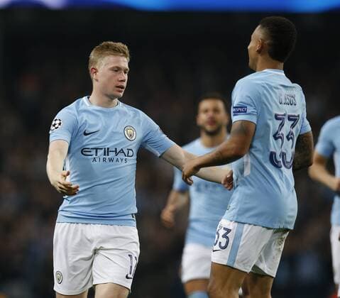 Kevin De Bruyne of Manchester City celebrates scoring the first goal during the Champions League Group F match at the Emirates Stadium, Manchester. Picture date: September 26th 2017. Picture credit should read: Andrew Yates Sportimage EDITORIAL USE ONLY. No use with unauthorised audio, video, data, fixture lists, club league logos or live services. Online in-match use limited to 120 images, no video emulation. No use in betting, games or single club league player publications.