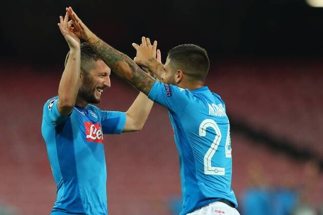 Esultanza dopo il gol di Dries Mertens Napoli goal celebration Lorenzo Insigne Napoli Napoli 26-09-2017 Stadio San Paolo Football Calcio UEFA Champions League 2017 2018 Napoli - Feyenoord Group F Foto Cesare Purini Insidefoto cesarexpurini