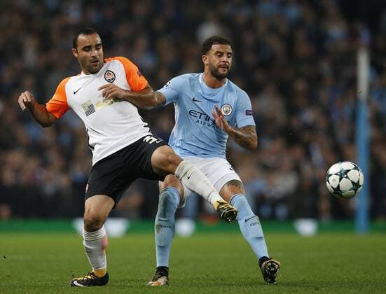 Ismaily of Shaktar Donetsk tackled by Kyle Walker of Manchester City during the Champions League Group F match at the Emirates Stadium, Manchester. Picture date: September 26th 2017. Picture credit should read: Andrew Yates Sportimage EDITORIAL USE ONLY. No use with unauthorised audio, video, data, fixture lists, club league logos or live services. Online in-match use limited to 120 images, no video emulation. No use in betting, games or single club league player publications.