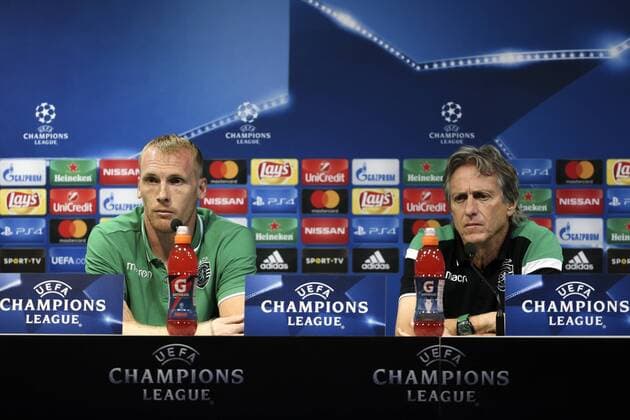 September 26, 2017 - Lisbon, Portugal - SportingÃ¢â‚¬â ¢s defender Jeremy Mathieu and SportingÃ¢â‚¬â ¢s head coach Jorge Jesus during a press conference PK Pressekonferenz at Alvalade stadium in Lisbon, on September 26, 2017, on the eve of the UEFA Champions League Group D football match Sporting CP vs FC Barcelona Barca Sporting - Press Conference  - ZUMAn230 20170926_zaa_n230_249 Copyright: xFilipexAmorimx