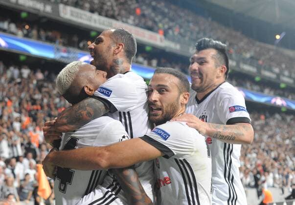Besiktas players celebrates for Anderson Talisca s goal during the UEFA Champions League Group G match between Besiktas and RB Leipzig at Vodafone Park in Istanbul , Turkey on September 26 , 2017 . 
