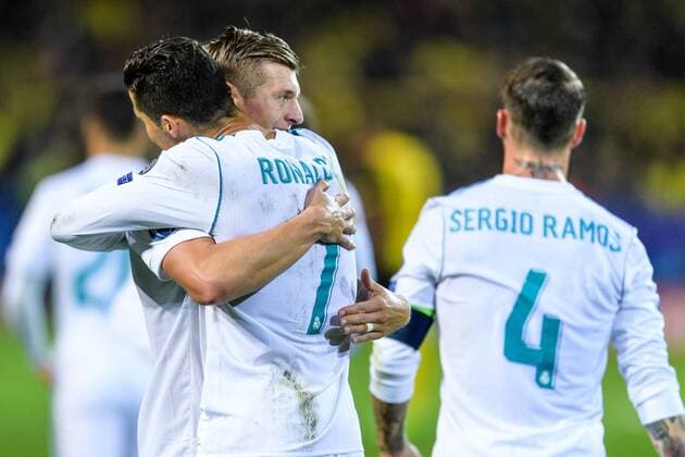 Cristiano Ronaldo (Real Madrid CF 7) und Toni Kross (Real Madrid CF 8) beim Torjubel nach dem Treffer zum 3:1 beim Champions League Spiel zwischen Borussia Dortmund und Real Madrid am 26.09.2017, Dortmund Copyright: xSchuelerx xEibnerx-xPressefotox EP_EER