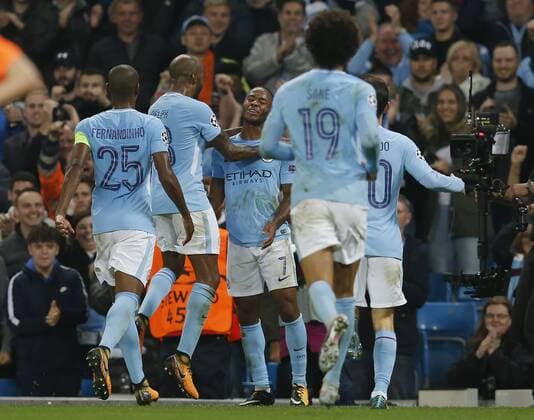 Raheem Sterling of Manchester City celebrates scoring the second goal during the Champions League Group F match at the Emirates Stadium, Manchester. Picture date: September 26th 2017. Picture credit should read: Andrew Yates Sportimage EDITORIAL USE ONLY. No use with unauthorised audio, video, data, fixture lists, club league logos or live services. Online in-match use limited to 120 images, no video emulation. No use in betting, games or single club league player publications.