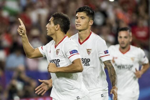 September 26, 2017 - Seville, Spain - Wissan Ben Yedder of Sevilla (L ) celebrates after scoring 3-0 during the UEFA Champions League Group E soccer match between Sevilla FC and NK Maribor at Estadio Ramon Sanchez Pizjuan Soccer 2017 - Sevilla FC vs NK Maribor - ZUMAa142 20170926_zap_a142_030 Copyright: xDanielxGonzalezxAcunax