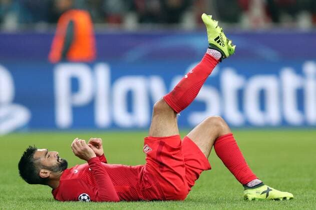 MOSCOW, RUSSIA - SEPTEMBER 26, 2017: Spartak Moscow s Alexander Samedov gets an injury in the 2017 18 UEFA Champions League Group E Round 2 football match against Liverpool at Otkrytie Arena Stadium. The game ended in a 1-1 draw. Artyom Korotayev TASS  TS062011