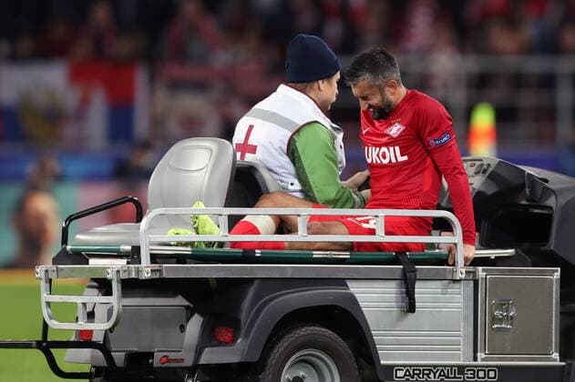 MOSCOW, RUSSIA - SEPTEMBER 26, 2017: Spartak Moscow s Alexander Samedov is carried away from the pitch as he gets an injury in the 2017 18 UEFA Champions League Group E Round 2 football match against Liverpool at Otkrytie Arena Stadium. The game ended in a 1-1 draw. Artyom Korotayev TASS  TS062012