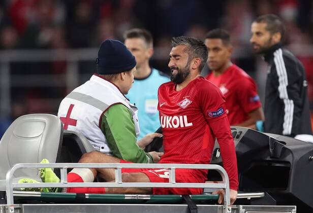 MOSCOW, RUSSIA - SEPTEMBER 26, 2017: Spartak Moscow s Alexander Samedov is carried away from the pitch as he gets an injury in the 2017 18 UEFA Champions League Group E Round 2 football match against Liverpool at Otkrytie Arena Stadium. The game ended in a 1-1 draw. Artyom Korotayev TASS  TS062013