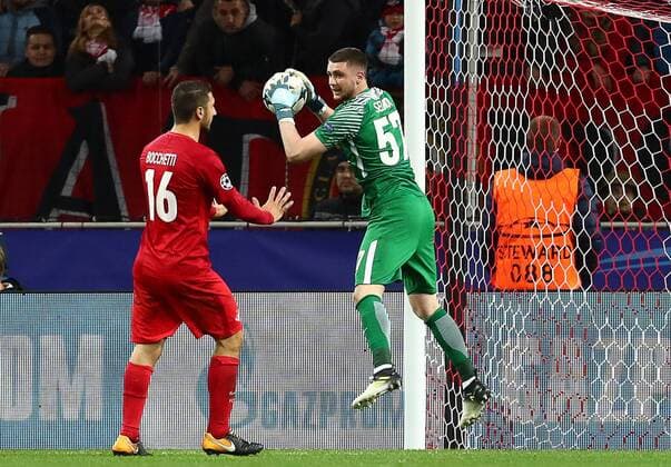 MOSCOW, RUSSIA - SEPTEMBER 26, 2017: Spartak Moscow s Salvatore Bocchetti (L) and goalkeeper Alexander Selikhov in their 2017 18 UEFA Champions League Group E Round 2 football match against Liverpool at Otkrytie Arena Stadium. The game ended in a 1-1 draw. Artyom Korotayev TASS  TS062014