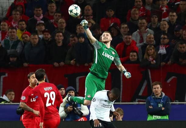 MOSCOW, RUSSIA - SEPTEMBER 26, 2017: Spartak Moscow s goalkeeper Alexander Selikhov in action in the 2017 18 UEFA Champions League Group E Round 2 football match against Liverpool at Otkrytie Arena Stadium. The game ended in a 1-1 draw. Artyom Korotayev TASS  TS062015