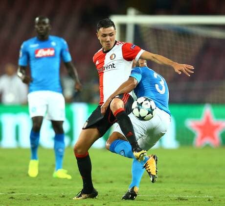 September 26, 2017 - Naples, Italy - Steven Berghuis of Feyenoord and Faouzi Ghoulam of Napoli during the UEFA Champion s League Group F football match Napoli vs Feyenoord Rotterdam on September 26, 2017 at the San Paolo stadium in Naples. Champions League: Napoli v Feyenoord  - ZUMAn230 20170926_zaa_n230_298 Copyright: xMatteoxCiambellix