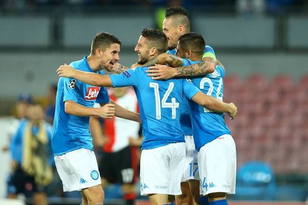September 26, 2017 - Naples, Campania, Italy - Jorginho, Marek Hamsik, Lorenzo Insigne and Dries Mertens of Napoli celebration during the UEFA Champions League group F match between SSC Napoli and Feyenoord at Stadio San Paolo on September 26, 2017 in Naples, Italy. SSC Napoli v Feyenoord - UEFA Champions League  - ZUMAn230 20170926_zaa_n230_307 Copyright: xMatteoxCiambellix