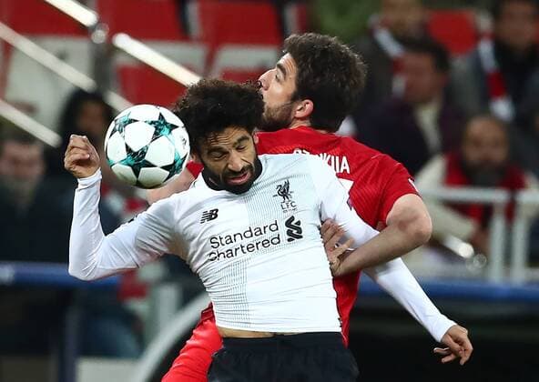 MOSCOW, RUSSIA - SEPTEMBER 26, 2017: Liverpool s Mohamed Salah (L) and Spartak Moscowâ€™s Georgi Dzhikia fight for the ball in their 2017 18 UEFA Champions League Group E Round 2 football match at Otkrytie Arena Stadium. The game ended in a 1-1 draw. Stanislav Krasilnikov TASS  TS062050