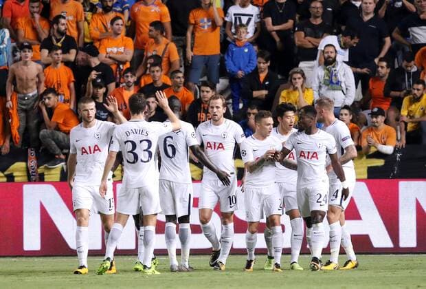 (170927) -- ISTANBUL, NICOSIA. 27, 2017 -- Tottenham Hotspur s players celebrate for scoring during the Champions League Group H game between Apoel Nicosia and Tottenham Hotspur at GSP Stadium in Nicosia, Cyprus, Sept. 26, 2017. Tottenham won the match 3-0.) (SP)CYPRUS-NICOSIA-SOCCER-UEFA CHAMPIONS LEAGUE SakisxSavvides 