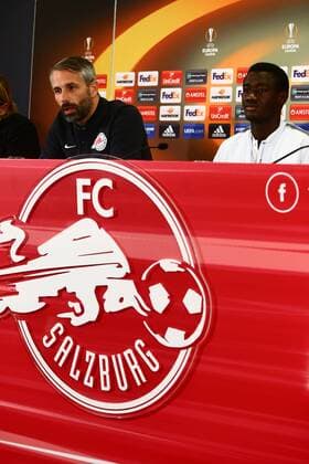 SOCCER - EL, RBS vs Marseille SALZBURG,AUSTRIA,27.SEP.17 - SOCCER - UEFA Europa League, group stage, Red Bull Salzburg vs Olympique Marseille, preview, press conference PK Pressekonferenz RBS. Image shows head coach Marco Rose and Diadie Samassekou (RBS). GEPAxpictures xFelixxRoittner