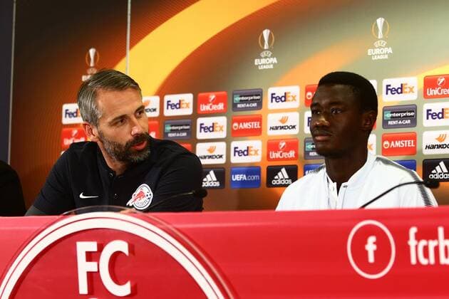 SOCCER - EL, RBS vs Marseille SALZBURG,AUSTRIA,27.SEP.17 - SOCCER - UEFA Europa League, group stage, Red Bull Salzburg vs Olympique Marseille, preview, press conference PK Pressekonferenz RBS. Image shows head coach Marco Rose and Diadie Samassekou (RBS). GEPAxpictures xFelixxRoittner