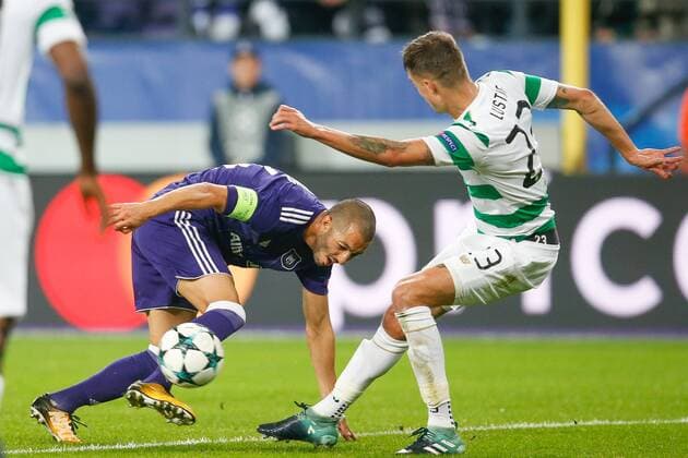 Anderlecht s Sofiane Hanni and Celtic s Mikael Lustig fight for the ball during the second game in the group stage (Group B) of the UEFA Champions League competition between Belgian soccer team RSC Anderlecht and Scottish Celtic FC, Wednesday 27 September 2017 in Brussels. BRUNOxFAHY  x05173747x