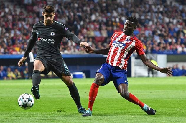 Atletico Madrid v Chelsea UEFA Champions League ??lvaro Morata of Chelsea (left) and Thomas Partey of Atletico Madrid (right) during the UEFA Champions League match at the Wanda Metropolitano Stadium, Madrid Content Not Available For UK Newspapers Copyright: xKristianxKanex FIL-10727-0034