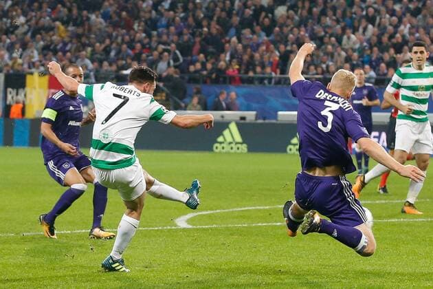 Celtic s Patrick Roberts scores a goal during the second game in the group stage (Group B) of the UEFA Champions League competition between Belgian soccer team RSC Anderlecht and Scottish Celtic FC, Wednesday 27 September 2017 in Brussels. BRUNOxFAHY  x05173803x