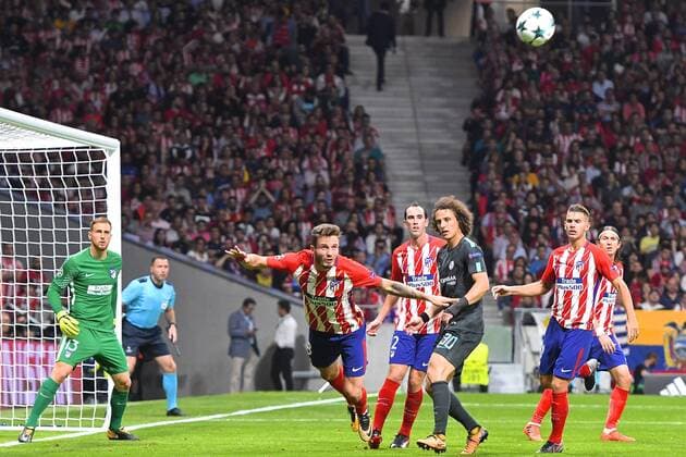 Atletico Madrid v Chelsea UEFA Champions League Saul Niguez of Atletico Madrid (2nd left) heads clear during the UEFA Champions League match at the Wanda Metropolitano Stadium, Madrid Content Not Available For UK Newspapers Copyright: xKristianxKanex FIL-10727-0040