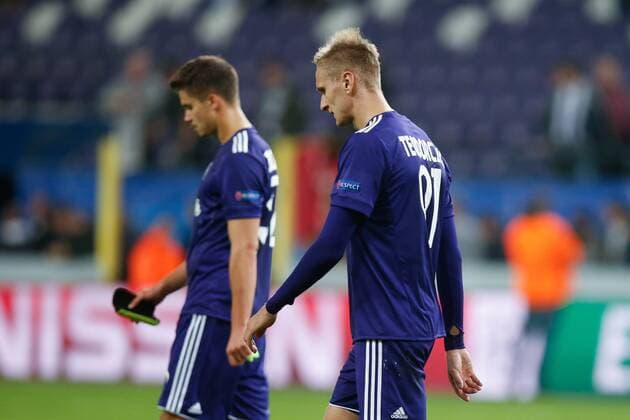 Anderlecht s players look dejected after the second game in the group stage (Group B) of the UEFA Champions League competition between Belgian soccer team RSC Anderlecht and Scottish Celtic FC, Wednesday 27 September 2017 in Brussels. BRUNOxFAHY  x05173877x