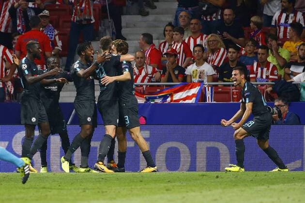 Chelsea s players jubilate the second goal of the team during the UEFA Champions League match between Atletico de Madrid and Chelsea at the Wanda Metropolitano stadium in Madrid, Spain, 27 September 2017. Atletico de Madrid vs. Chelsea !ACHTUNG: NUR REDAKTIONELLE NUTZUNG!  Copyright: xJ.P.xGandulx MAD072 20170927-636421503516609375