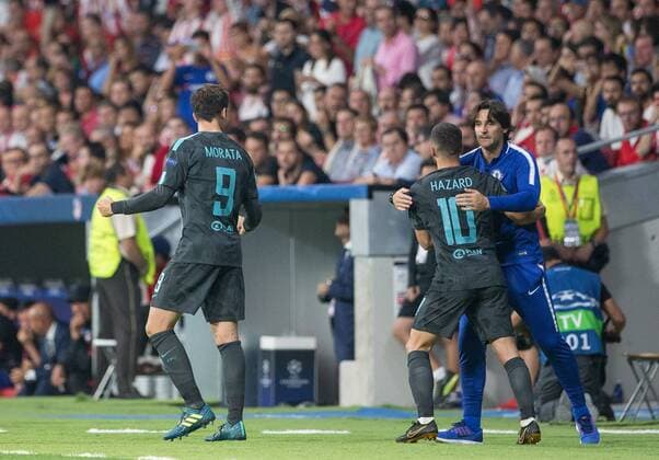 ChelseaÂ s forward Alvaro Morata celebrating after scoring during the UEFA Champions League group C match between Atletico Madrid and Chelsea played at the Wanda Metropolitano Stadium in Madrid on September 27th 2017  xAlbaxSanchezx xAFP7x xFootball.xAtleticoxMadridxvxChelsea.xUEFAxChampionsxLeaguex2017 x