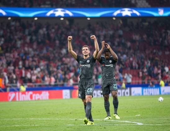 ChelseaÂ s Cesar Azpilicueta celebrating during the UEFA Champions League group C match between Atletico Madrid and Chelsea played at the Wanda Metropolitano Stadium in Madrid on September 27th 2017  xAlbaxSanchezx xAFP7x xFootball.xAtleticoxMadridxvxChelsea.xUEFAxChampionsxLeaguex2017 x