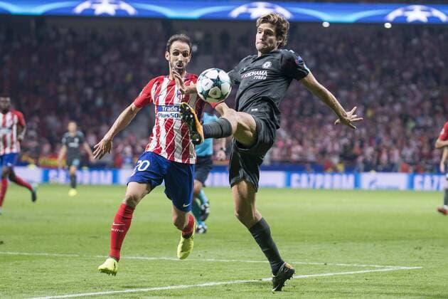Atletico de Madrid s Juanfran Torres and Chelsea s Marcos Alonso during UEFA Champions League match between Atletico de Madrid and Chelsea at Wanda Metropolitano in Madrid, Spain September 27, 2017.  (20170927061)