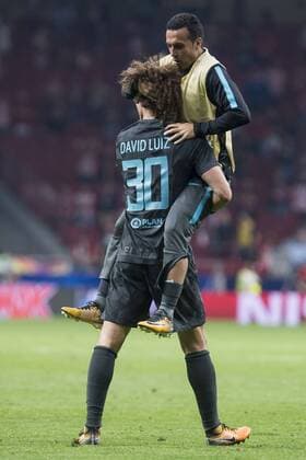 Chelsea s David Luiz and Pedro Rodriguez celebrating the victory during UEFA Champions League match between Atletico de Madrid and Chelsea at Wanda Metropolitano in Madrid, Spain September 27, 2017.  (20170927073)