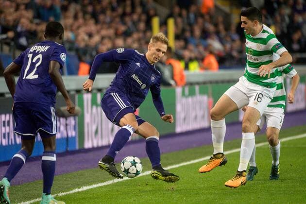 Belgium , Brussels , Sep 27 , 2017 - Second game in the group stage ( Group B ) of the UEFA Champions League competition between Belgian soccer team RSC Anderlecht and Scottish Celtic FC - Dennis APPIAH , Lukasz TEODORCZYK & Tom ROGIC Copyright Danny Gys Reporters xxGYS 