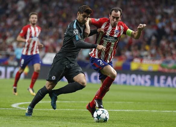 Partido de Liga de Campeones entre el Atletico y el Chelsea en el Wanda Metropolitano. En la imagen, Morata y Godin. Champions League match betwee Atletico and Chelsea. In this picture, Morata and Godin. 