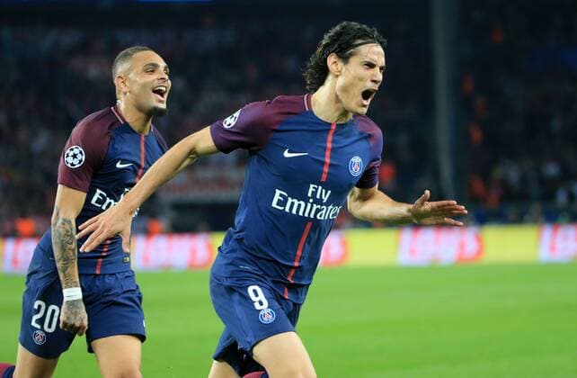 20170927,CL, Champions League, Paris Saint Germain vs FC Bayern München, Fussball, im Bild: Layvin Kurzawa (PSG) und Edinson Cavani (PSG) jubeln zum 2:0