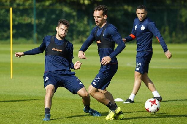 Massimo Bruno midfielder of RSC Anderlecht and Sven Kums midfielder of RSC Anderlecht pictured during the closed training session of Rsc Anderlecht in Neerpede , Belgium FOOTBALL : RSC Anderlecht - Entrainement - 28 09 2017 PhotoNews Panoramic 