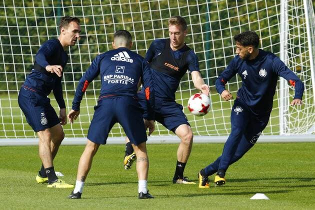 Sven Kums midfielder of RSC Anderlecht and Robert Beric forward of RSC Anderlecht and Josue Sa of Rsc Anderlecht pictured during the closed training session of Rsc Anderlecht in Neerpede , Belgium FOOTBALL : RSC Anderlecht - Entrainement - 28 09 2017 PhotoNews Panoramic 