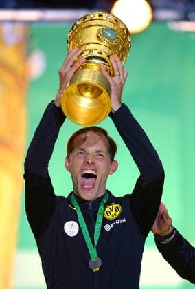 Thomas TUCHEL koennte moeglciher Ancelotti Nachfolger werden. Archivfoto; Trainer Thomas TUCHEL (DO), Jubel, jubeln, Freude, Sieg, freuen, Erfolg, mit Pokal, DFB Pokal Finale, Eintracht Frankfurt (F) - Borussia Dortmund (DO) 1:2 im Olympiastadion in Berlin am 27.05.2017 Ã‚Â