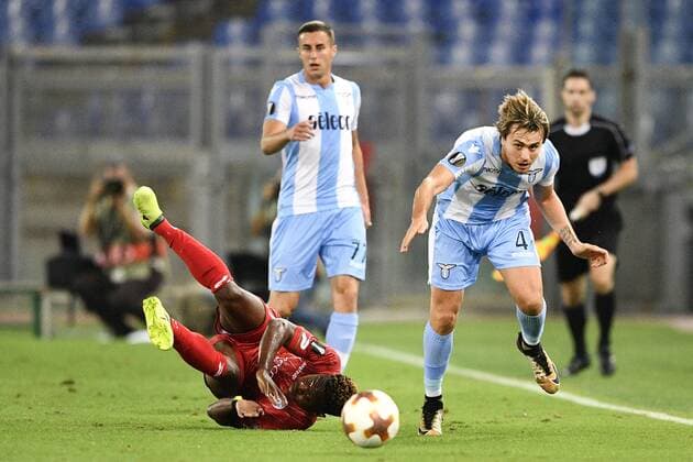 Essevee s Aaron Leya Iseka and Lazio s Patric fight for the ball during a soccer game between Italian club Societa Sportiva Lazio and Belgian team SV Zulte Waregem, in Roma, Italy, Thursday 28 September 2017, the second game of the group stage (Group K) of the UEFA Europa League competition. YORICKxJANSENS  x05174185x