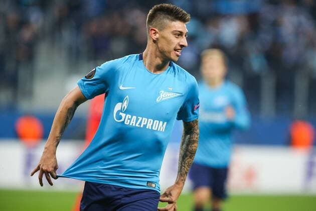 ST PETERSBURG, RUSSIA - SEPTEMBER 28, 2017: FC Zenit St Petersburg s Emiliano Rigoni reacts after scoring in their 2017-18 UEFA Europa League Group L Round 2 football match against FC Real Sociedad at Saint Petersburg Stadium. Peter Kovalev TASS  TS0624BF