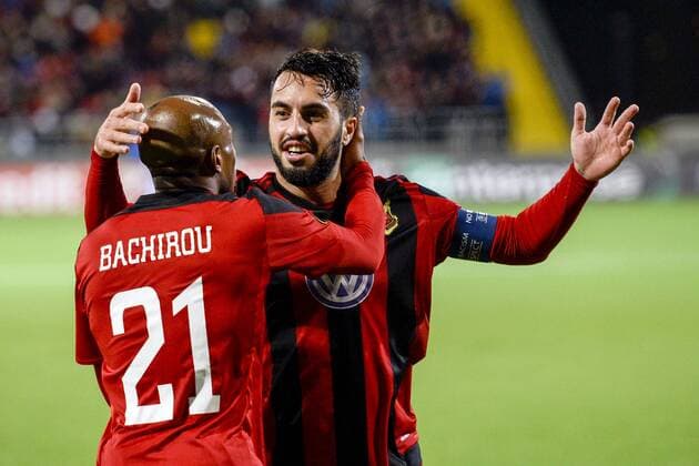 170928 Östersunds Fouad Bachirou och Brwa Nouri jublar efter 1-0 av Nouri under fotbollsmatchen i Europa League mellan Östersund och Hertha Berlin den 28 september 2017 i Östersund.  Copyright: ERIKxMARTENSSON BB170928BB291