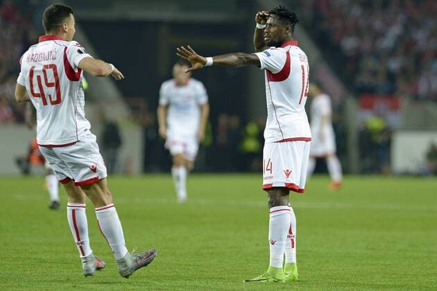 Koeln, Deutschland 28.09.2017, UEFA Europa League - 2017 18 Season, 2nd game day, 1. FC Koeln - Roter Stern Belgrad, Torjubel zum 0:1 durch Richmond Boakye (Belgrad), rechts ( DeFodi521