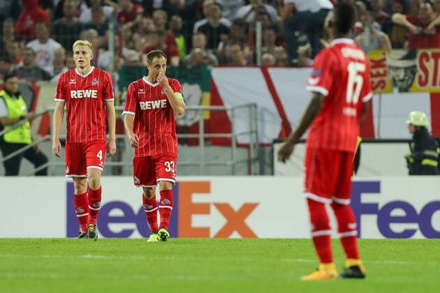 Koeln, Deutschland 28.09.2017, UEFA Europa League - 2017 18 Season, 2nd game day, 1. FC Koeln - Roter Stern Belgrad, Frederik Hillesborg Sorensen (KOE) Matthias Lehmann (KOE) Jhon Andres Cordoba Copete (KOE) enttaeuscht, enttaeuschung ( DeFodi048