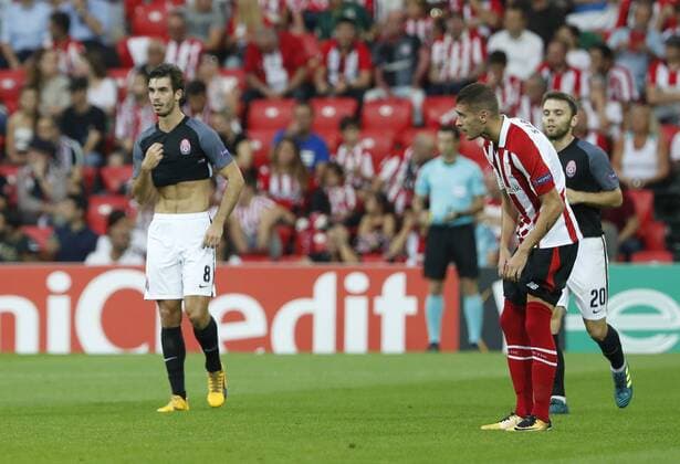 DAVID S BUSTAMANTE 28 09 2017 BILBAO PAIS VASCO Partido de la Jornada 2 de la UEFA Europa League disputado entre el Athletic de Bilbao y el FC Zorya Luhansk en el Estadio San Mames de Bilbao gol y celebracion de Ihor Kharatin  xDAVIDxS.xBUSTAMANTEx xx