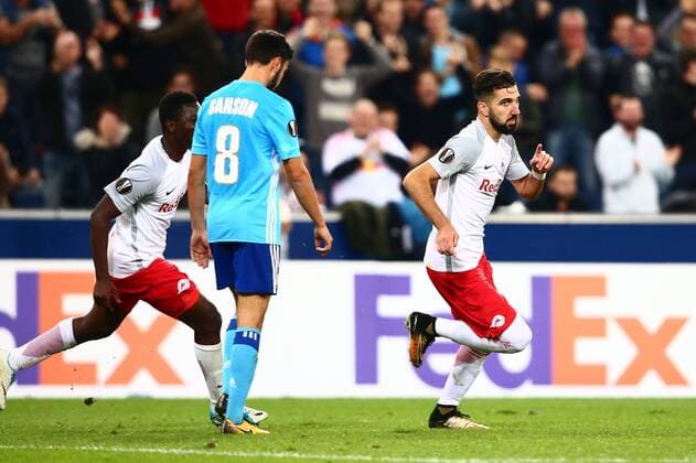 SOCCER - EL, RBS vs Marseille SALZBURG,AUSTRIA,28.SEP.17 - SOCCER - UEFA Europa League, group stage, Red Bull Salzburg vs Olympique Marseille. Image shows the rejoicing of Munas Dabbur (RBS). GEPAxpictures xFelixxRoittner