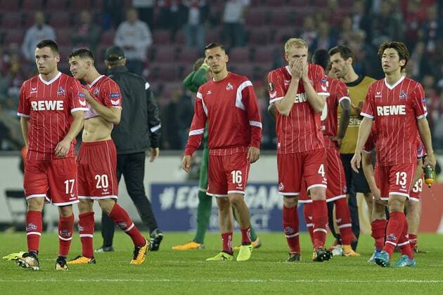 Koeln, Deutschland 28.09.2017, UEFA Europa League - 2017 18 Season, 2nd game day, 1. FC Koeln - Roter Stern Belgrad, enttäuscht enttaeuscht traurig Spieler Koeln nach Spielende ( DeFodi521