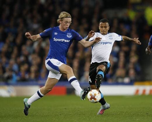 Tom Davies of Everton tackles Allan of Apollon Limassol FC during the Europa League Group E match at Goodison Park Stadium, Liverpool. Picture date: September 28th 2017. Picture credit should read: Simon Bellis Sportimage EDITORIAL USE ONLY. No use with unauthorised audio, video, data, fixture lists, club league logos or live services. Online in-match use limited to 120 images, no video emulation. No use in betting, games or single club league player publications.