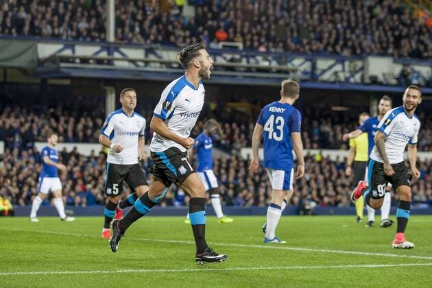 Adrian Sardinero Apollon Limmasol FC celebrates after scoring during the UEFA Europa League Group Stage match between Everton and Apollen Limassol at Goodison Park, Liverpool, England on 28 September 2017. Copyright: xAlanxHaywardx 16920019