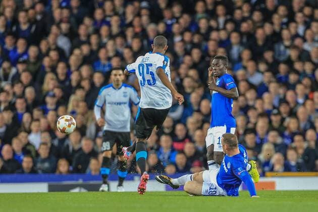 28th September 2017, Goodison Park, Liverpool, England; UEFA Europa League group stage, Everton versus Apollon Limassol; Wayne Rooney of Everton FC slides in and wins the ball off Alef of Apollon Limassol  ActionPlus11934965