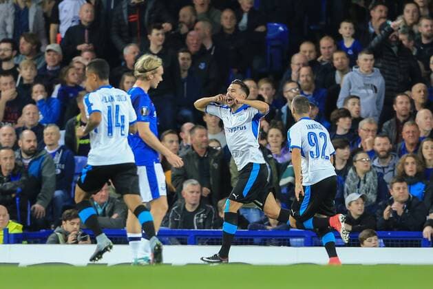 28th September 2017, Goodison Park, Liverpool, England; UEFA Europa League group stage, Everton versus Apollon Limassol; Adri& xe1;n Sardinero of Apollon Limassol celebrates his goal in the 12th minute  ActionPlus11934969