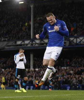 Wayne Rooney of Everton celebrates scoring during the Europa League Group E match at Goodison Park Stadium, Liverpool. Picture date: September 28th 2017. Picture credit should read: Simon Bellis Sportimage EDITORIAL USE ONLY. No use with unauthorised audio, video, data, fixture lists, club league logos or live services. Online in-match use limited to 120 images, no video emulation. No use in betting, games or single club league player publications.