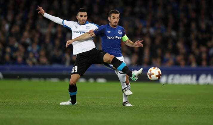 Football - 2017 2018 UEFA Europa League - Group E: Everton vs. Apollon Limassol Anton Maglica of Apollon Limassol and Leighton Baines of Everton at Goodison Park. COLORSPORT LYNNE CAMERON 