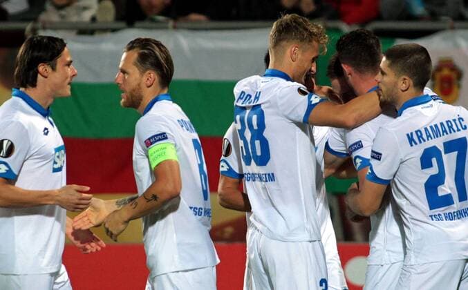 28.09.2017 Razgrad(Bulgaria) PFC Ludogorets-TSG 1899 Hoffenheim Europa League men s football Nico Schulz(L),Eugen Polanski (2L),Stefan Posch(3L),Andrej Kramaric(r) TSG 1899 Hoffenheim celebrate first goal on match : 